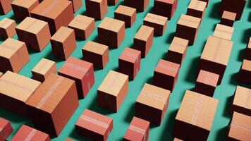 Multiple Cardboard Boxes Arranged on a Green Background in Neat Rows photo