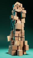 Stacked Cardboard Boxes Constructing a Tower on a Green Background photo