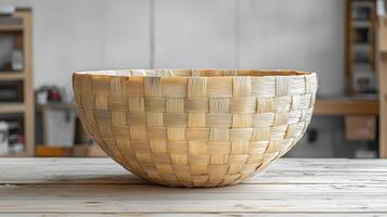 Handwoven Bamboo Basket on Rustic Wooden Table in Natural Light photo