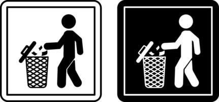 No Littering Icons. Labels for Cardboard Packaging. Man Throwing Trash in Trash Bin. Warning Sign. Illustration on White and Black Background. vector