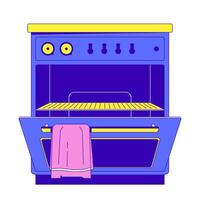 Oven with open door, revealing empty rack 2D cartoon object. Kitchen towel hangs from handle appliance. Baking equipment isolated element flat clipart on white background. Spot illustration vector