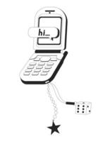 Retro flip phone with charms and text message linear illustration. Nostalgic mobile 2000s aesthetics. Pop culture. Vintage cellphone 2D line object isolated on white. Monochrome outline image vector
