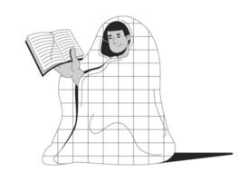 Cozy reader wrapped in blanket with book black and white 2D line character. Quiet lifestyle. Literary escape. Latinamerican man bookworm isolated outline person. Monochromatic spot illustration vector