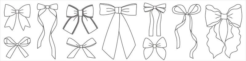 Set of contours of different hair ribbons, linear bows for clothes, sets of vintage bows for girls. Isolated ribbons. Attributes, decoration of parties, holidays, bow for gift wrapping, boxes. vector