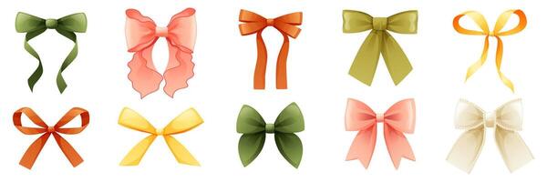 Set of different hair ribbons, bows of different colors in cartoon style, sets of vintage bows for girls. Isolated ribbons. Attributes, decoration of parties, holidays, bow for gift wrapping, box. vector