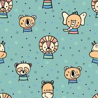 Seamless different animals with stars in doodle style. vector