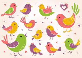 Set of stylized colorful birds. Flat hand drawn little birds of different shapes and colors. Playful cheerful birds for springtime design, decoration, scrapbook vector