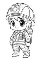 Firefighter in protective gear holding a hose, ready to extinguish fires. Simple and detailed design for coloring. vector