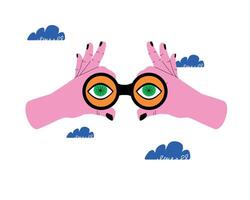 A minimalistic illustration showing hands holding binoculars. A metaphor for vision, search, and invention. vector