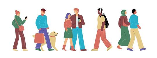 A horizontal hand-drawn crowd of different people walking in pairs and singly towards each other. A symbol of a multiracial equal society. vector