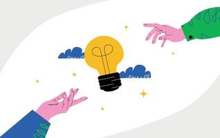 A minimalistic illustration depicting hands reaching for a light bulb. A metaphor for collaboration, exchange of ideas, and interaction. vector