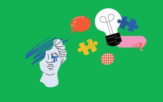 An antique bust with a crying face with a light bulb and a mess of abstract figures. A symbol of creativity, the search for new ideas and imagination. vector