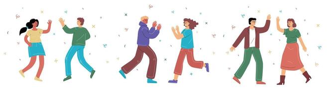 A hand-drawn collection of different people high-fiving each other and celebrating. A symbol of partnership, connection and union. vector