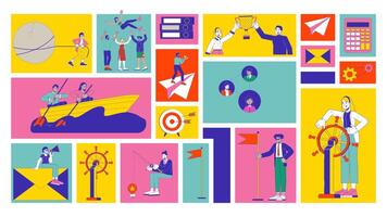 Business strategy and effective teamwork animated bento grid layout. Corporate success, professional collaboration 2D animation flat cartoon ui collage design. 4K motion graphic collection video