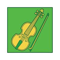 A simple illustration depicts a yellow violin and its bow against a green square background. The style is clean and minimalist, suitable for musical themes. vector