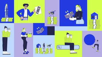 Unemployment, financial instability and job search animated bento grid layout. Workplace layoff, inflation money problem 2D animation flat cartoon ui collage design. 4K motion graphic collection video