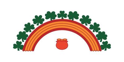 A vibrant rainbow arched over shamrocks, concealing a pot of gold. Classic St. Patrick's Day imagery, simple yet festive design. vector