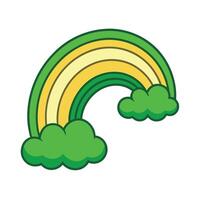 A cheerful cartoon rainbow with three vibrant yellow and green bands rests on fluffy green clouds. Simple, bright, and ideal for children's illustrations. vector