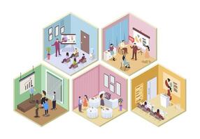 Business training 3d isometric rooms concept in isometry graphic design for web. People learning at conference hall, meeting and coaching, teacher making presentation in class. illustration. vector