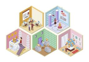 Cryptocurrency market 3d isometric rooms concept in isometry graphic design for web. People working in abstract crypto farms with blockchain, making analytics, trading bitcoins. illustration. vector