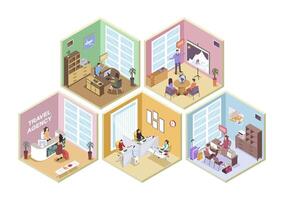 Travel agency 3d isometric rooms concept in isometry graphic design for web. People waiting at reception hall, travelling agents selecting resort tours for clients in offices. illustration. vector