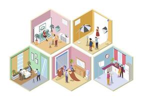 Photo studio 3d isometric rooms concept in isometry graphic design for web. People posing for getting picture at session, photographer shooting models or making family portrait. illustration. vector