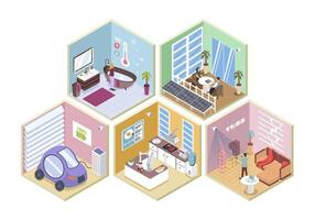 Smart home 3d isometric rooms concept in isometry graphic design for web. People using home automation system with thermostats and solar panels, electric car charging in garage. illustration. vector