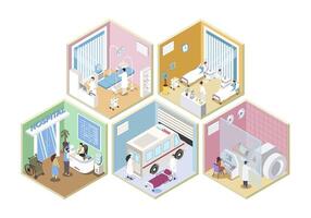 Hospital 3d isometric rooms concept in isometry graphic design for web. People registering at clinic reception, doctors work at surgery, patients at wards, MRI service cabinet. illustration. vector