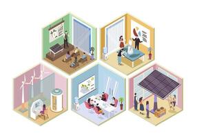 Green energy 3d isometric rooms concept in isometry graphic design for web. People using alternative sources generation with solar panels, wind turbines, meeting in conference. illustration. vector