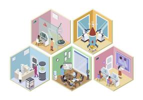 Science center 3d isometric rooms concept in isometry graphic design for web. People work in different laboratory, making researches, scientists staff meeting at conference hall. illustration. vector
