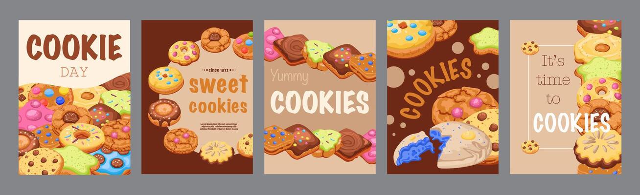 Cookie day typography template posters. Vertical covers with homemade sweets with chips, delicious desserts, bakery and pastry menu. Modern banners set in minimalism design. illustration.