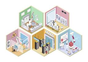 Laboratory 3d isometric rooms concept in isometry graphic design for web. People doing research in genetics, pharmaceutical and physics departments, using data center servers. illustration. vector