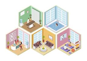 Wellness center 3d isometric rooms concept in isometry graphic design for web. People registering at reception hall, doing yoga, swimming in pool, get massage procedure in spa. illustration. vector