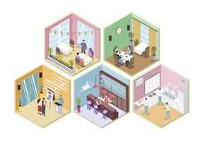 Restaurant 3d isometric rooms concept in isometry graphic design for web. People wait at reception, sitting at tables in dining area or bar, couple at date, staff work at kitchen. illustration. vector