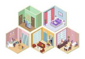 Hotel 3d isometric rooms concept in isometry graphic design for web. People in registerating at reception, tourists at waiting hall, dining in restaurant, bed apartment for guest. illustration. vector