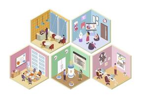 Development company 3d isometric rooms concept in isometry graphic design for web. People working in offices, programming and developing startup, brainstorming at conference hall. illustration. vector