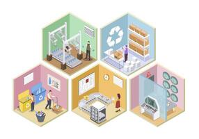 Waste management 3d isometric rooms concept in isometry graphic design for web. People working in recycling factory, collect and sorting trash, recycling garbage at conveyor line. illustration. vector
