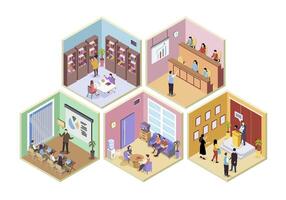 University 3d isometric rooms concept in isometry graphic design for web. People learning auditorium, students studying in library, listening lectures and professor seminars. illustration. vector