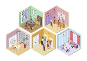 Bank 3d isometric rooms concept in isometry graphic design for web. People waiting in line to cash register desk, managers consulting clients in office, visitors get cash at atm. illustration. vector