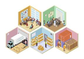 Logistic company 3d isometric rooms concept in isometry graphic design for web. People working in delivery office, managing shipping process, freight transportations and storage. illustration. vector