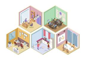 Call center 3d isometric rooms concept in isometry graphic design for web. People working as operators at workplaces, president in his office, team meeting, employees at kitchen. illustration. vector