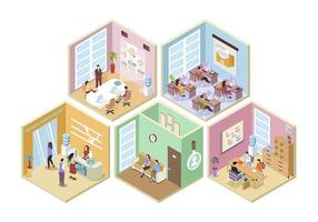 HR agency 3d isometric rooms concept in isometry graphic design for web. People registreting at reception, waiting in hall, managers works at office, interviewing recruiters. illustration. vector