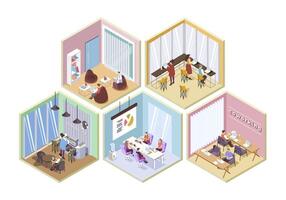 Coworking space 3d isometric rooms concept in isometry graphic design for web. People working in open offices, meeting at conference halls, workflow in departments, coffee break. illustration. vector