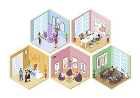 Real estate 3d isometric rooms concept in isometry graphic design for web. People working at office and sales department, creating architecture projects, customers with realtor. illustration. vector