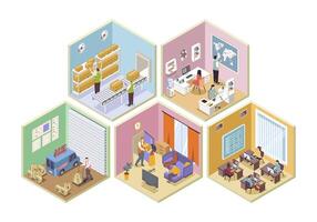 Delivery company 3d isometric rooms concept in isometry graphic design for web. People working in logistic company, managing courier shipping, loading parcel boxes in warehouse. illustration. vector
