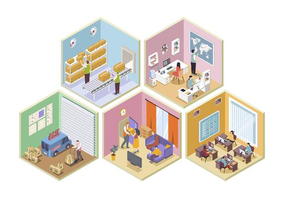 Delivery company 3d isometric rooms concept in isometry graphic design for web. People working in logistic company, managing courier shipping, loading parcel boxes in warehouse. illustration.