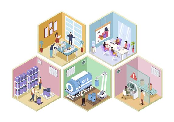 Oil industry 3d isometric rooms concept in isometry graphic design for web. People working tanker ship transportation company, loading petroleum barrels at storage warehouse. illustration.