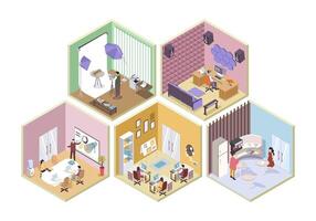 Designer studio 3d isometric rooms concept in isometry graphic design for web. People doing branding photos, audio editing, brainstorming at conference hall, relaxing at kitchen. illustration. vector