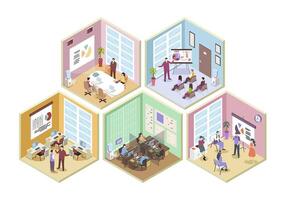 Outsourcing company 3d isometric rooms concept in isometry graphic design for web. People working in office, brainstorming at conference meeting, making presentation at workplace. illustration. vector