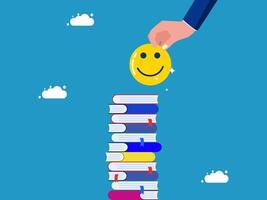 Happy face with a pile of books and business hand vector